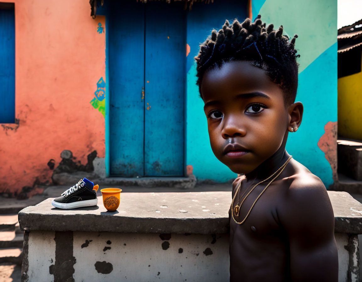 Stylish child posing in front of colorful wall with shoe and cup