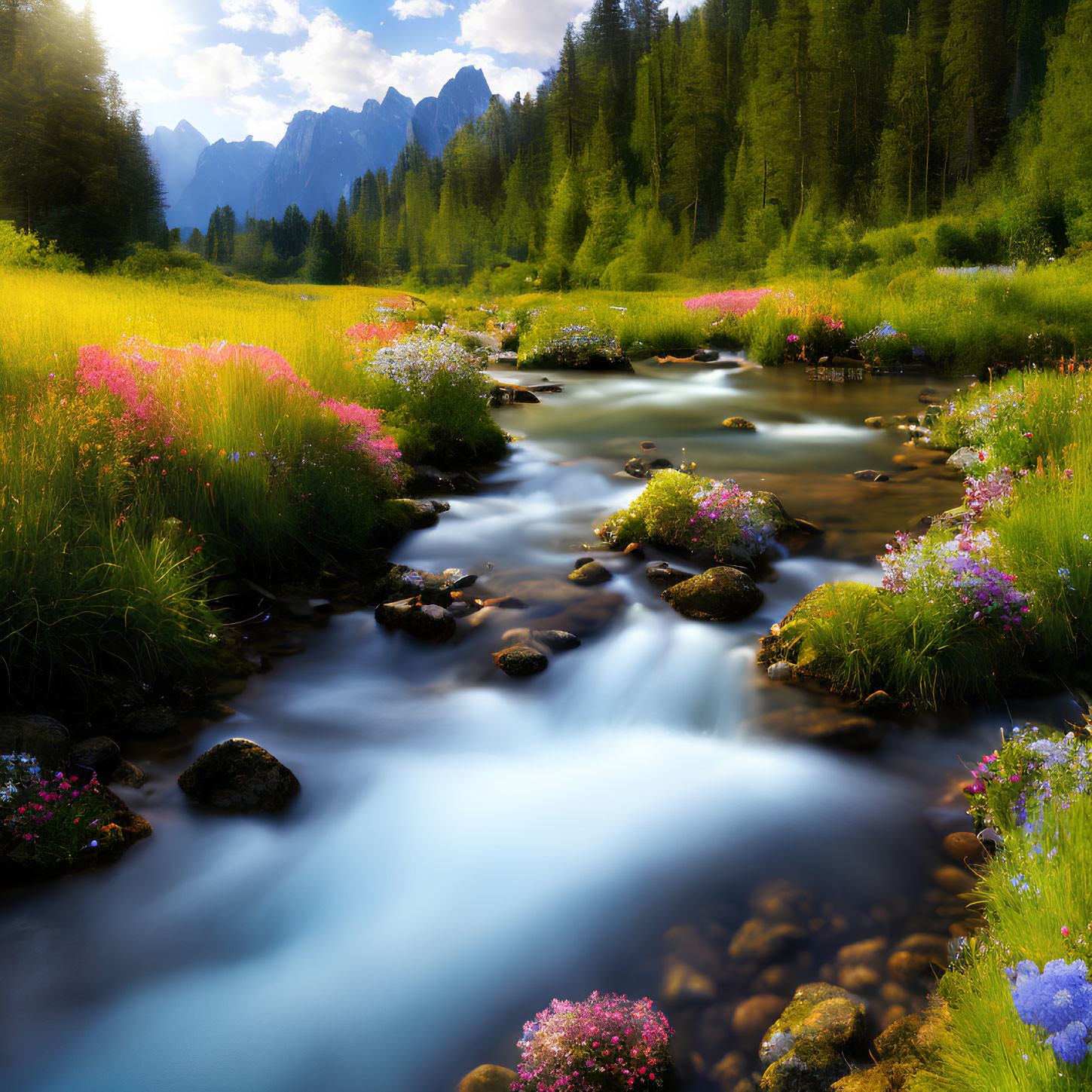 Tranquil stream in vibrant meadow with pink wildflowers