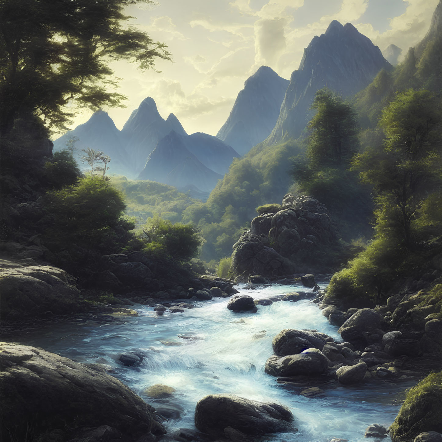 Tranquil landscape with river, greenery, and mountains at dawn