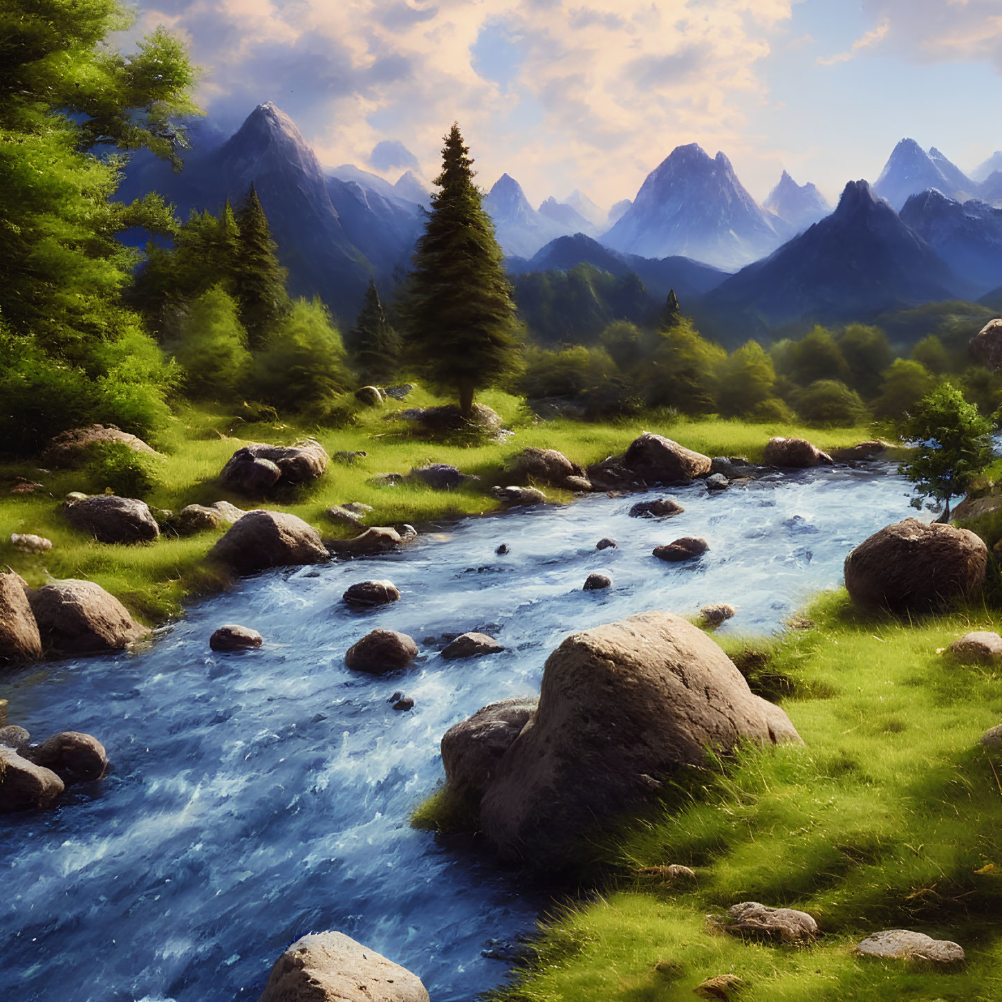 Tranquil mountain landscape with stream, rocks, greenery, and peaks