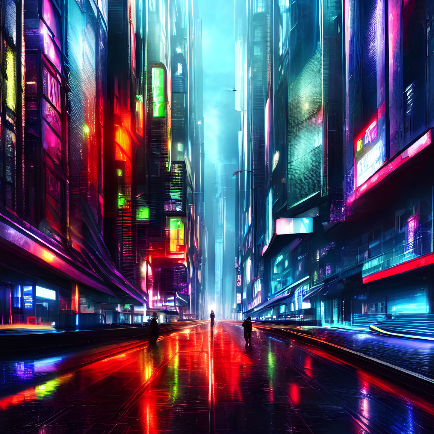 Neon-lit cyberpunk cityscape with skyscrapers and silhouettes