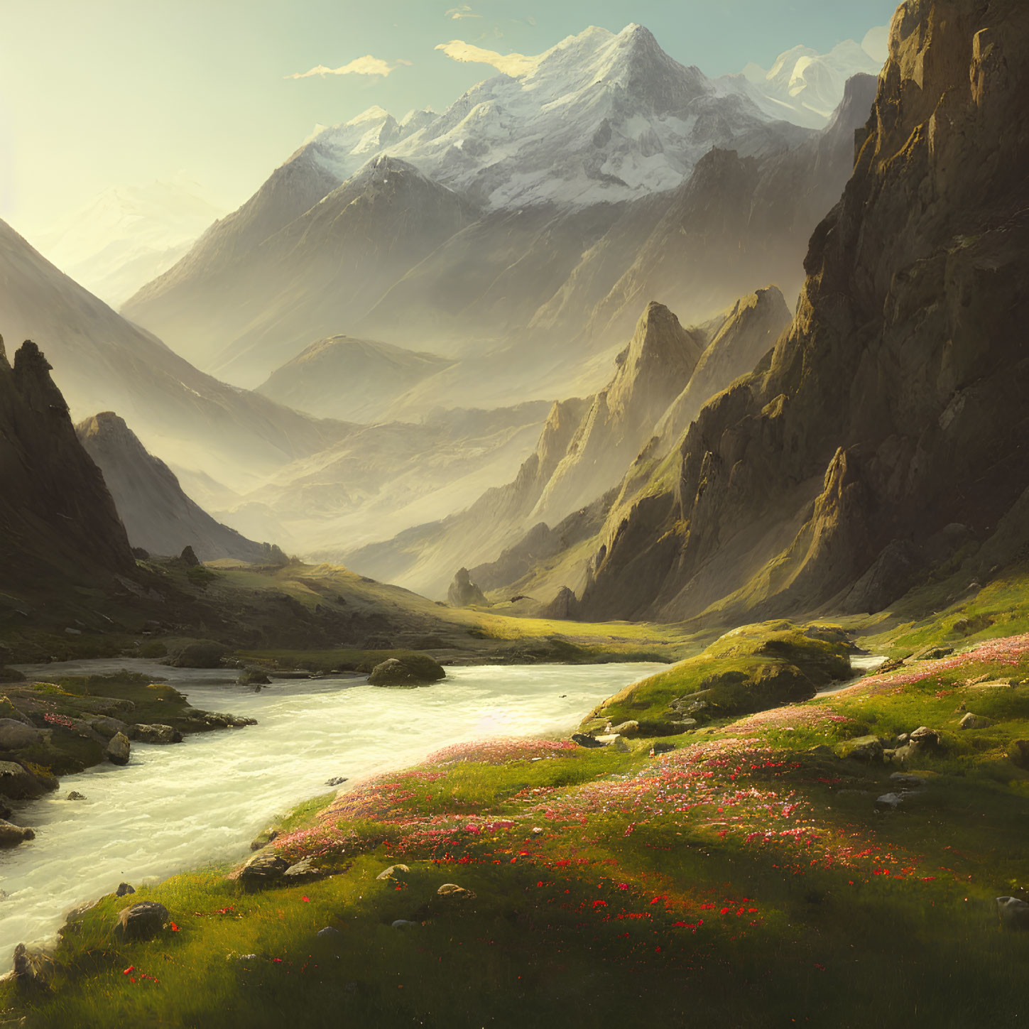 Mountainous landscape with river, peaks, and blooming meadow