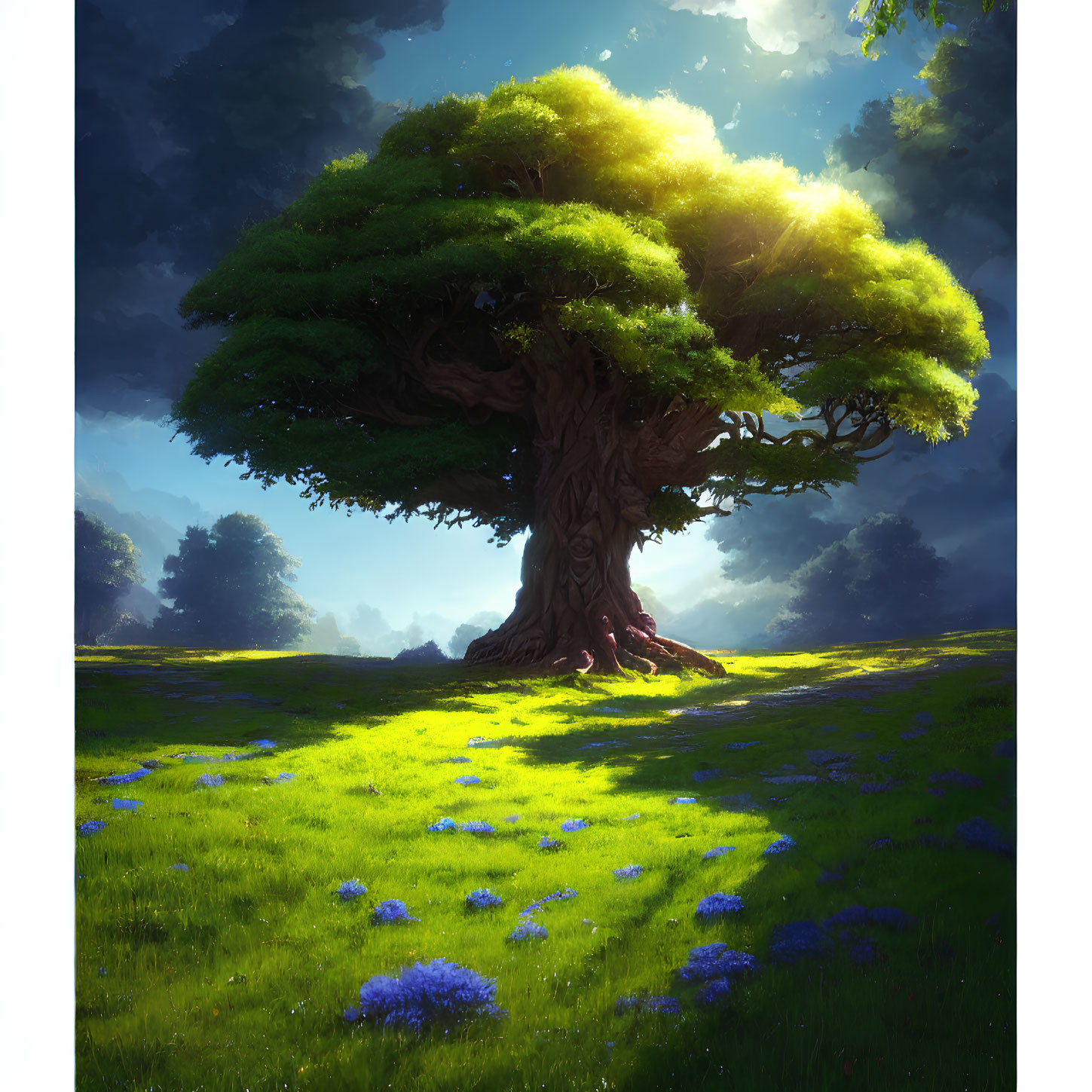 Majestic tree with thick trunk and lush green canopy in sunlit clearing