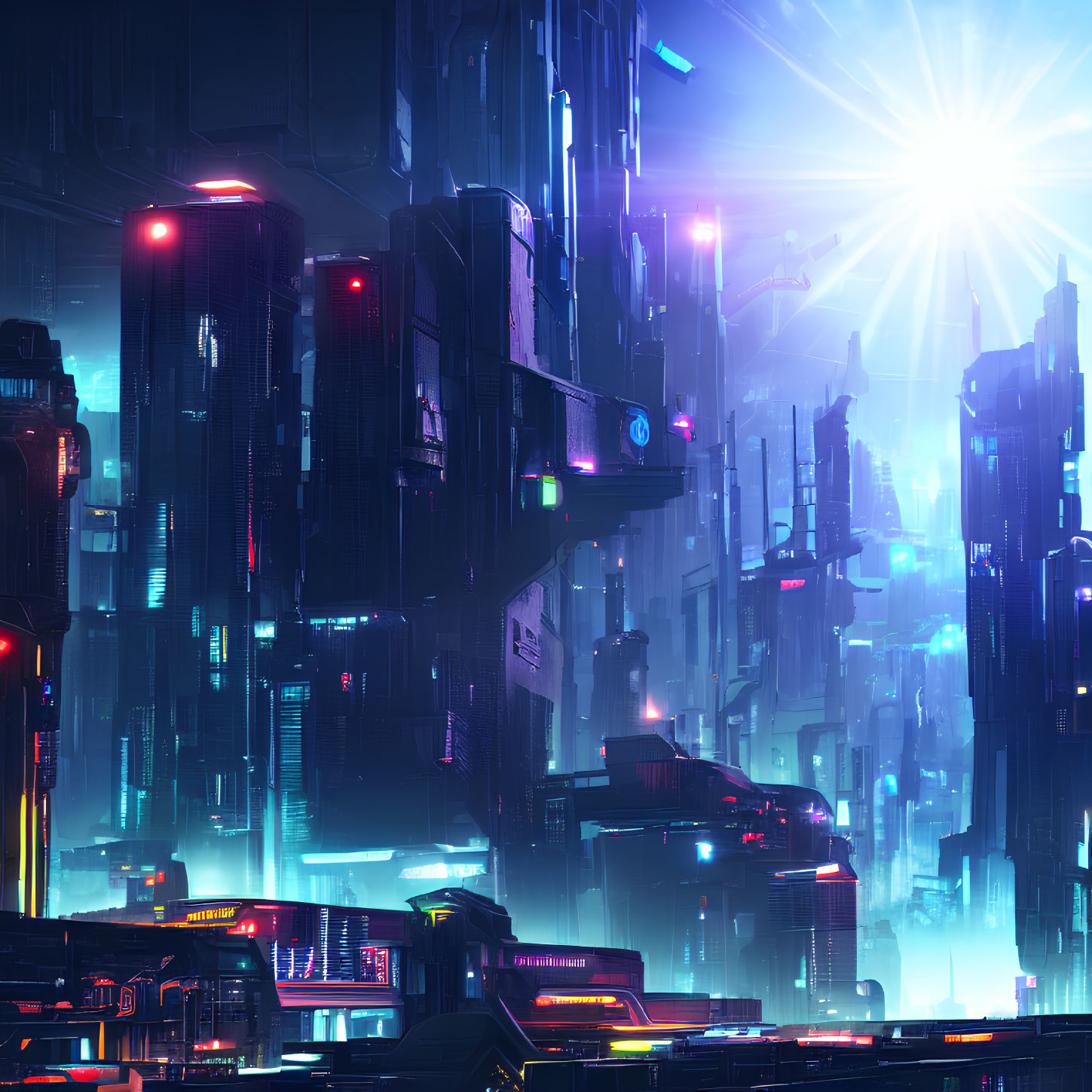 Futuristic cityscape with neon lights and skyscrapers at night