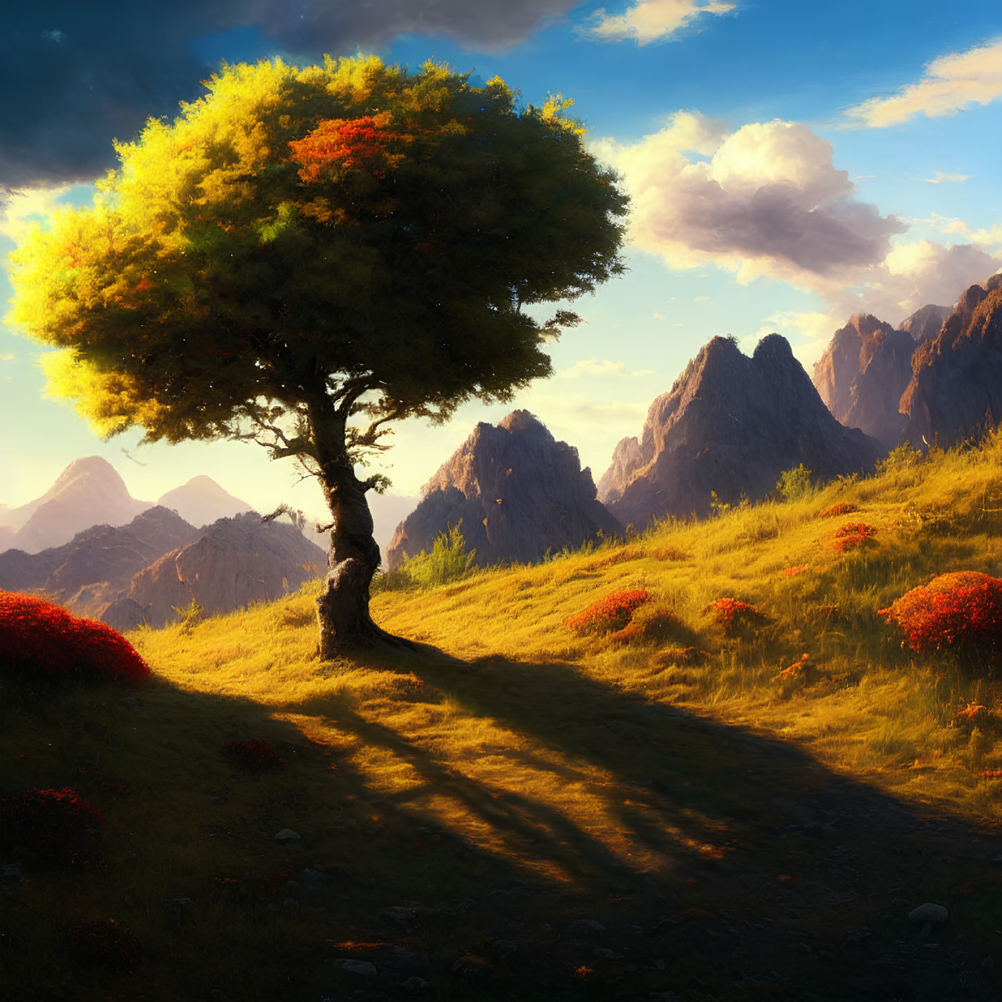 Solitary tree with lush foliage on sunlit hill with red flowers and mountain backdrop