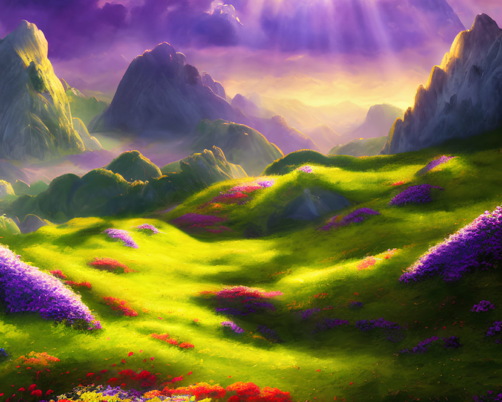 Colorful Fantasy Landscape with Sunbeams and Mountains