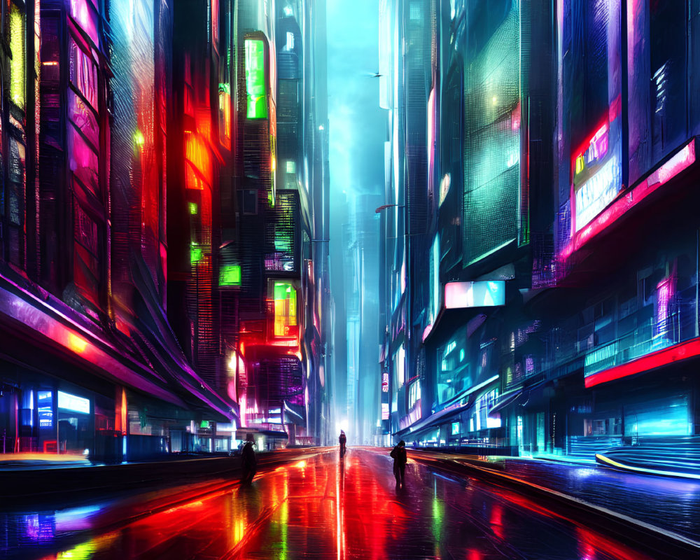 Neon-lit cyberpunk cityscape with skyscrapers and silhouettes