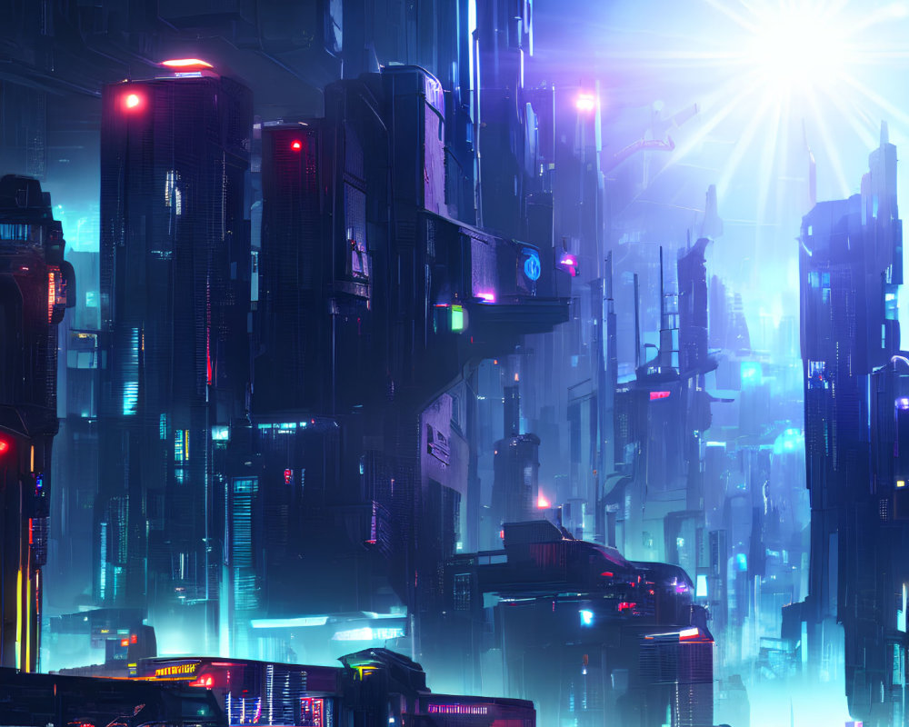 Futuristic cityscape with neon lights and skyscrapers at night