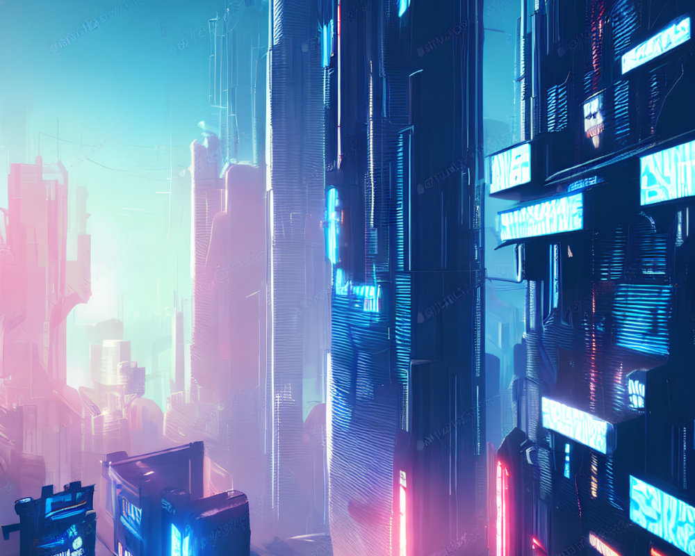 Neon-lit skyscrapers in futuristic cyberpunk cityscape