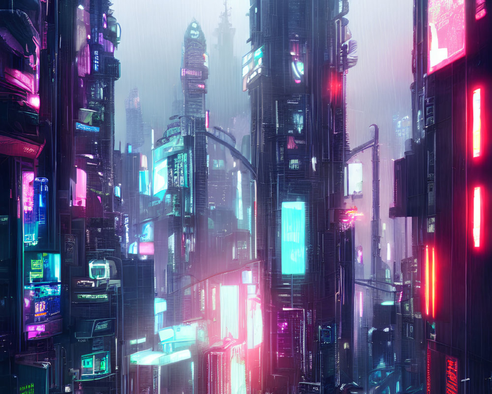 Futuristic cityscape with towering skyscrapers and neon signs at twilight