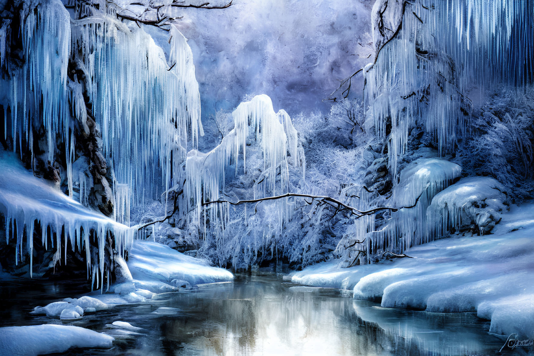 Frozen Waterfalls, Snow-Covered Trees, and Icicles in Winter Landscape