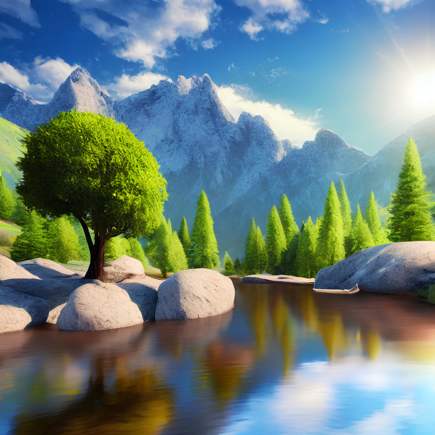 Scenic landscape with lone tree, lake, and mountains