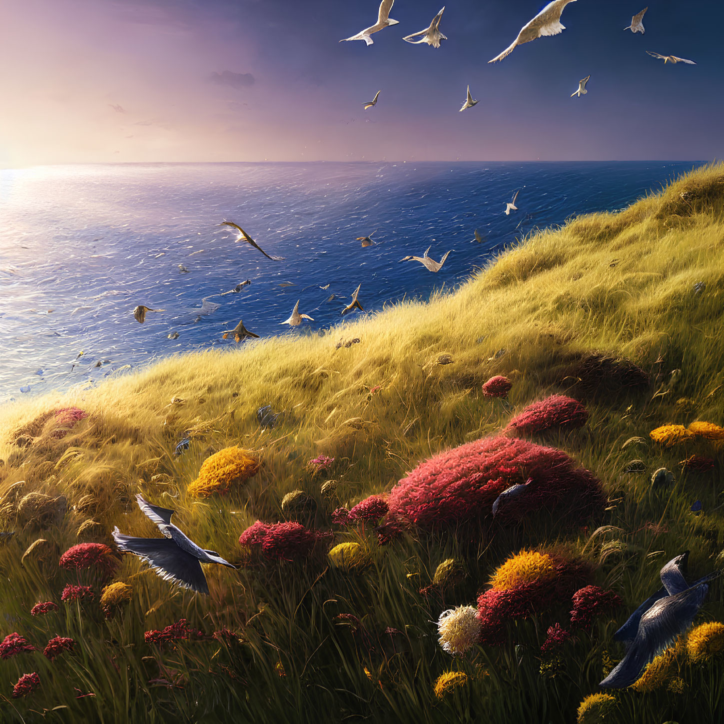 Tranquil seascape with seagulls, wildflowers, and sunset sky