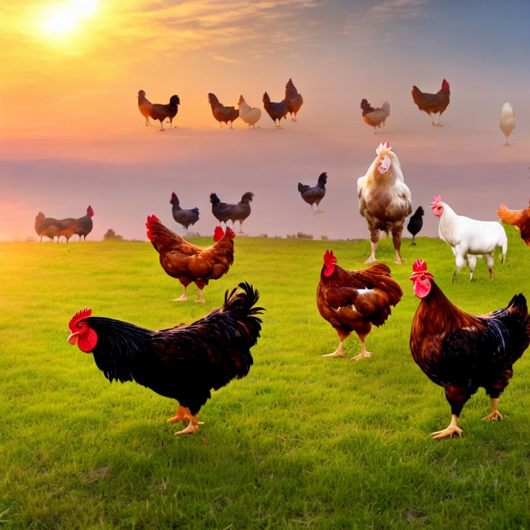 Colorful chickens and roosters in sunset scene on green grass