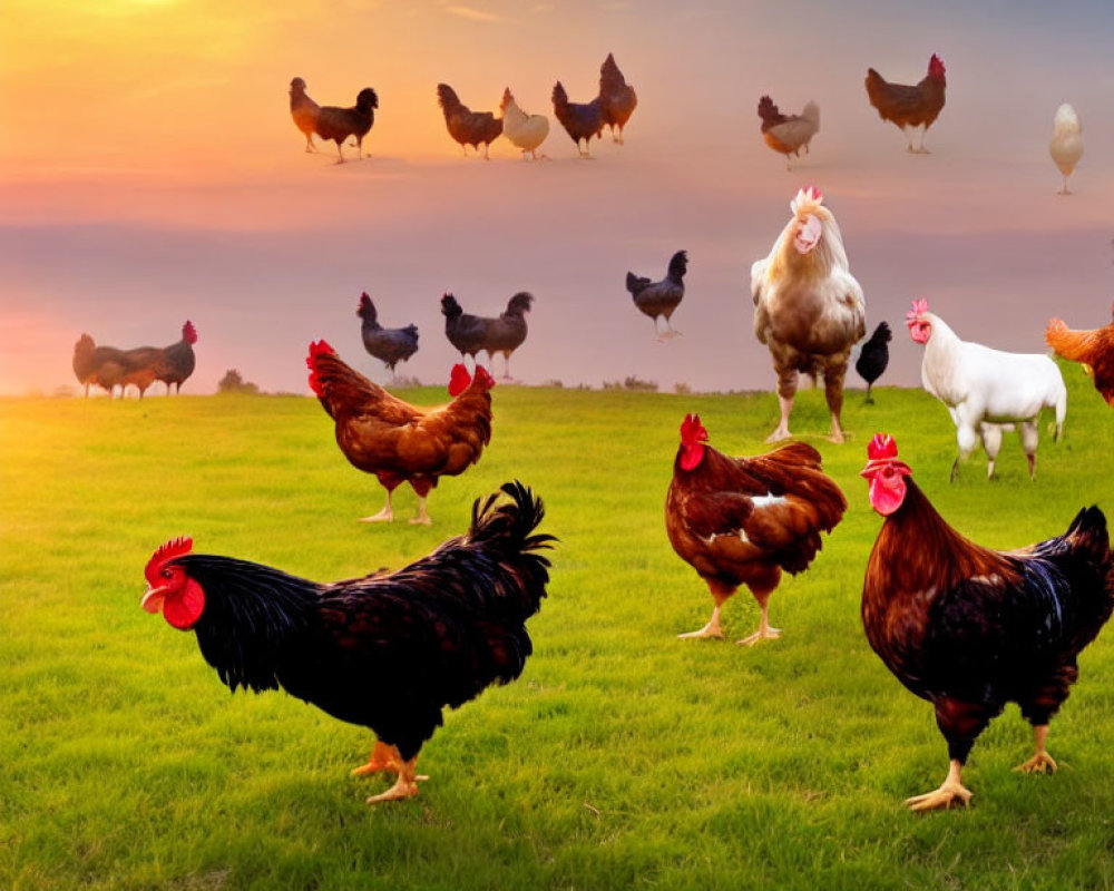 Colorful chickens and roosters in sunset scene on green grass