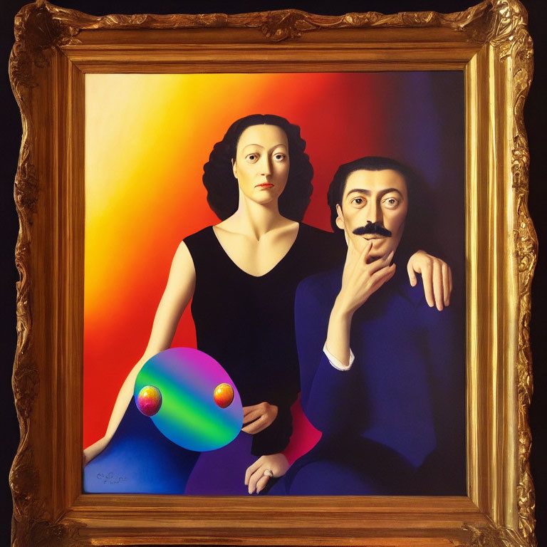 Surreal painting of man and woman with vibrant background and colorful orb in ornate golden frame