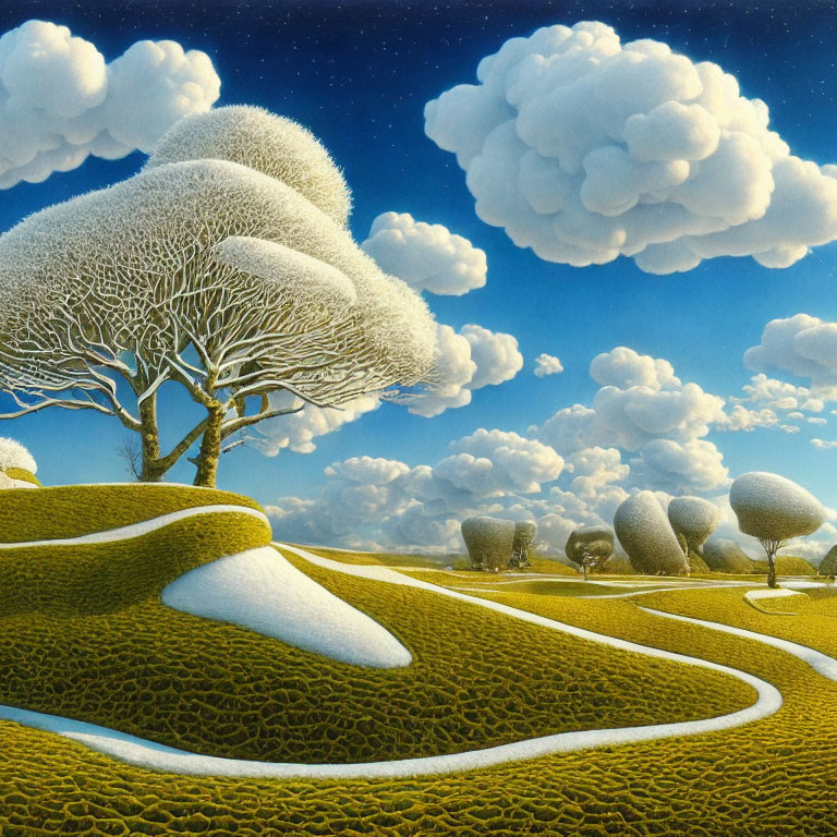 Surreal landscape with white trees, green hills, and pathways