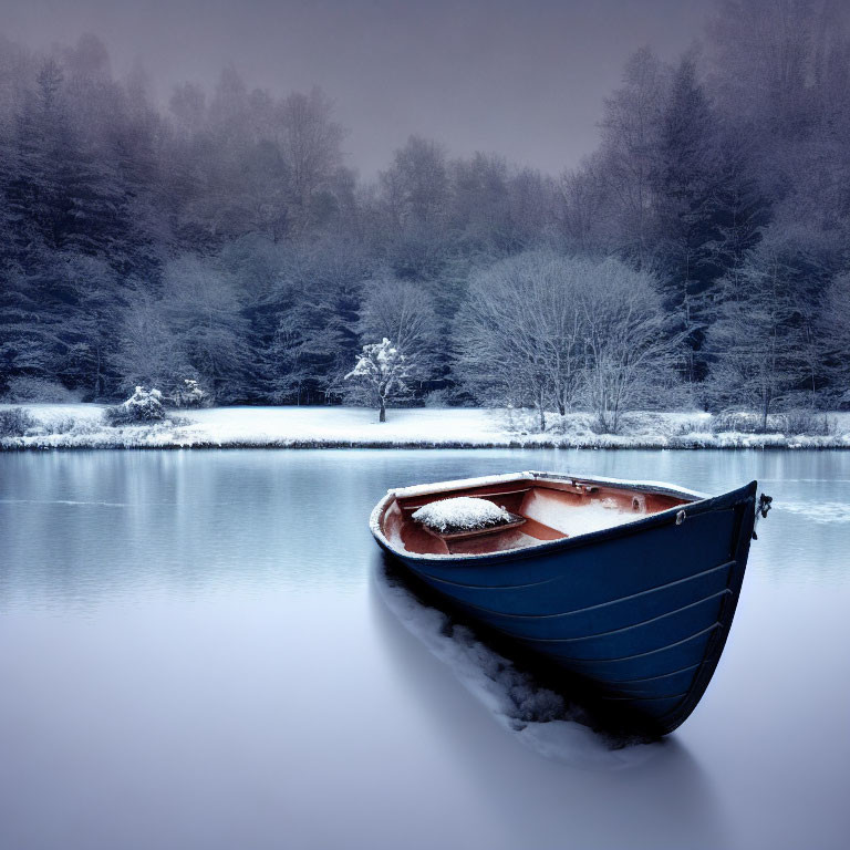 Tranquil winter scene: blue boat on frozen lake with snow-covered trees