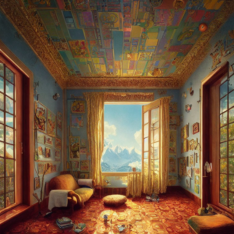 Colorful room with ornate ceiling, mountain view, sunlit curtains, books, and cozy seating