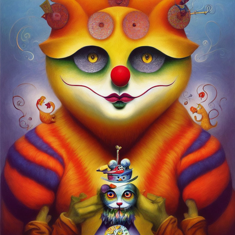 Whimsical painting of colorful cat-like creatures with quirky features