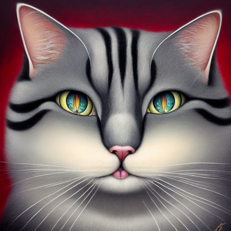 Realistic Gray Tabby Cat Painting with Green Eyes and Stripes