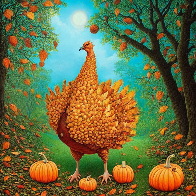 Illustration of large chicken in autumn forest with pumpkins and hazy sun