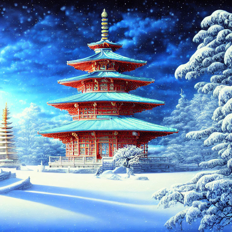 Snow-covered Japanese pagoda in twilight sky with frosty trees