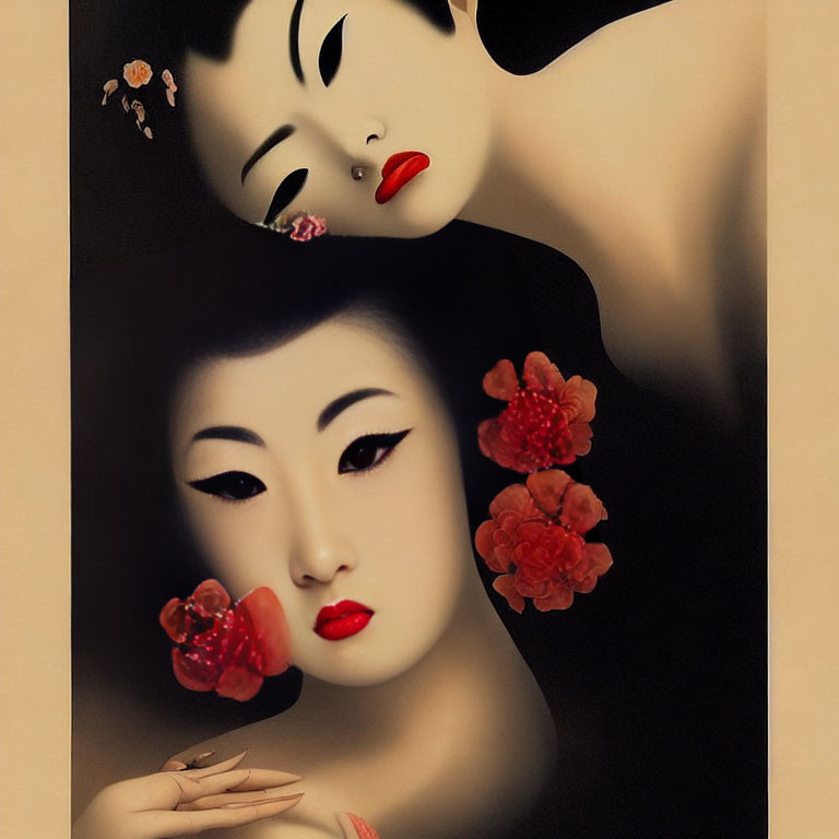 Stylized image of two women with geisha-like makeup and floral adornments