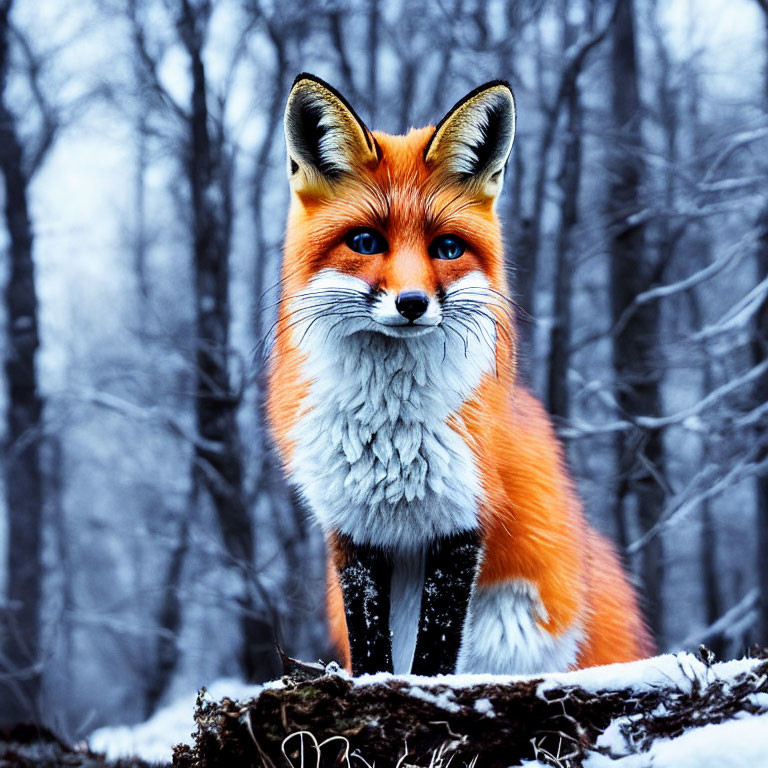 Vivid orange fox in snowy forest with bushy tail