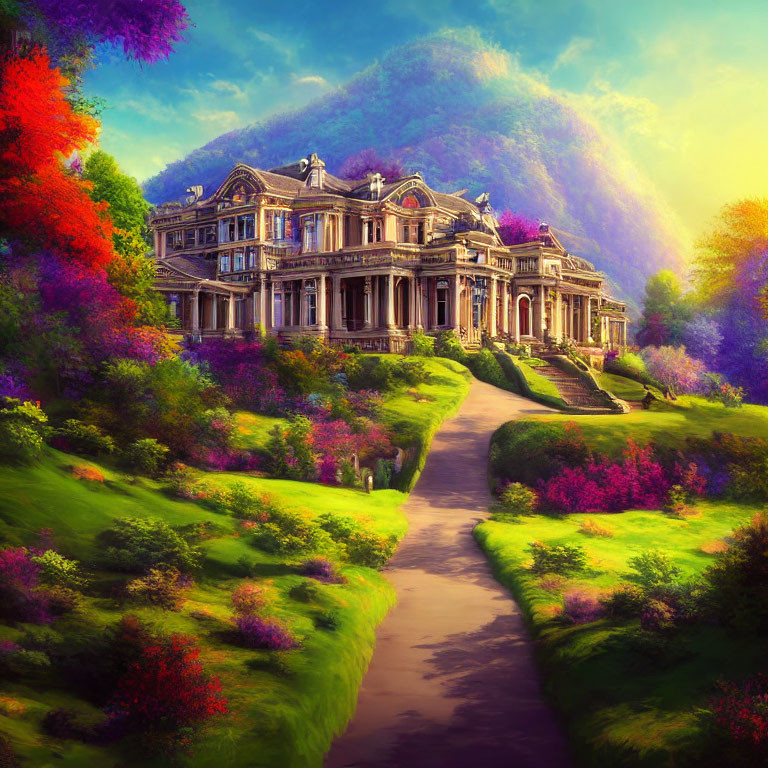 Luxurious mansion with vibrant gardens and sunny sky