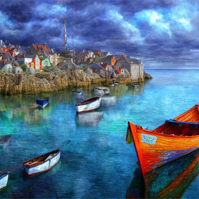 Colorful houses and boats in seaside village under dramatic sky