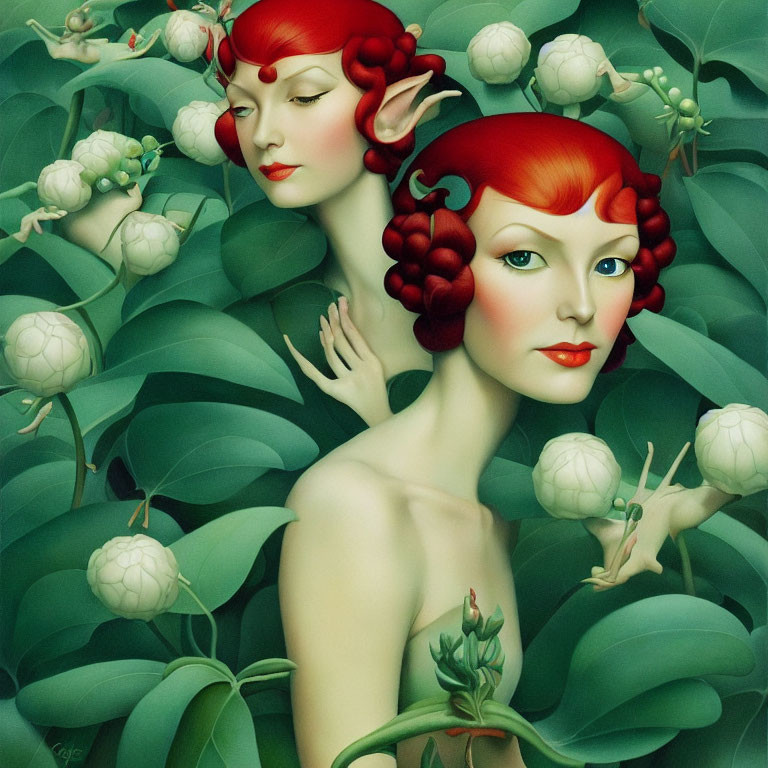 Illustration of red-haired twin females blending with green leaves and white flowers