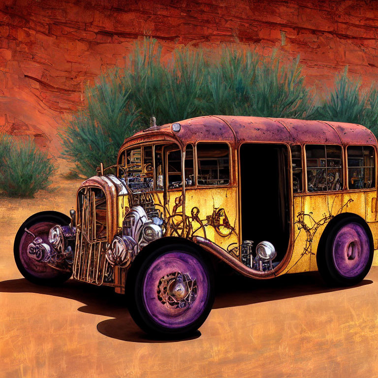 Vintage Rusted Bus Illustration Against Red Rocky Background