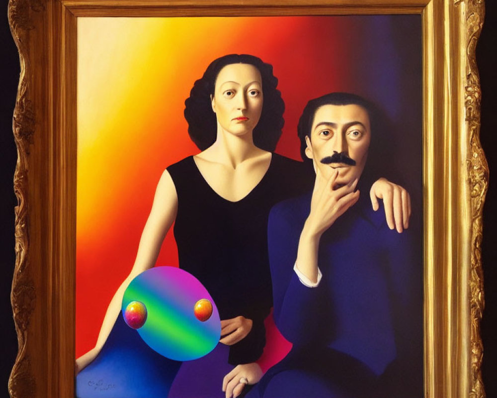 Surreal painting of man and woman with vibrant background and colorful orb in ornate golden frame