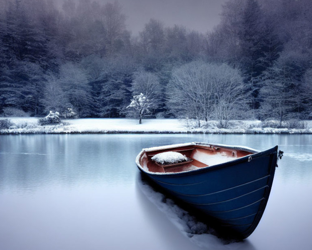 Tranquil winter scene: blue boat on frozen lake with snow-covered trees