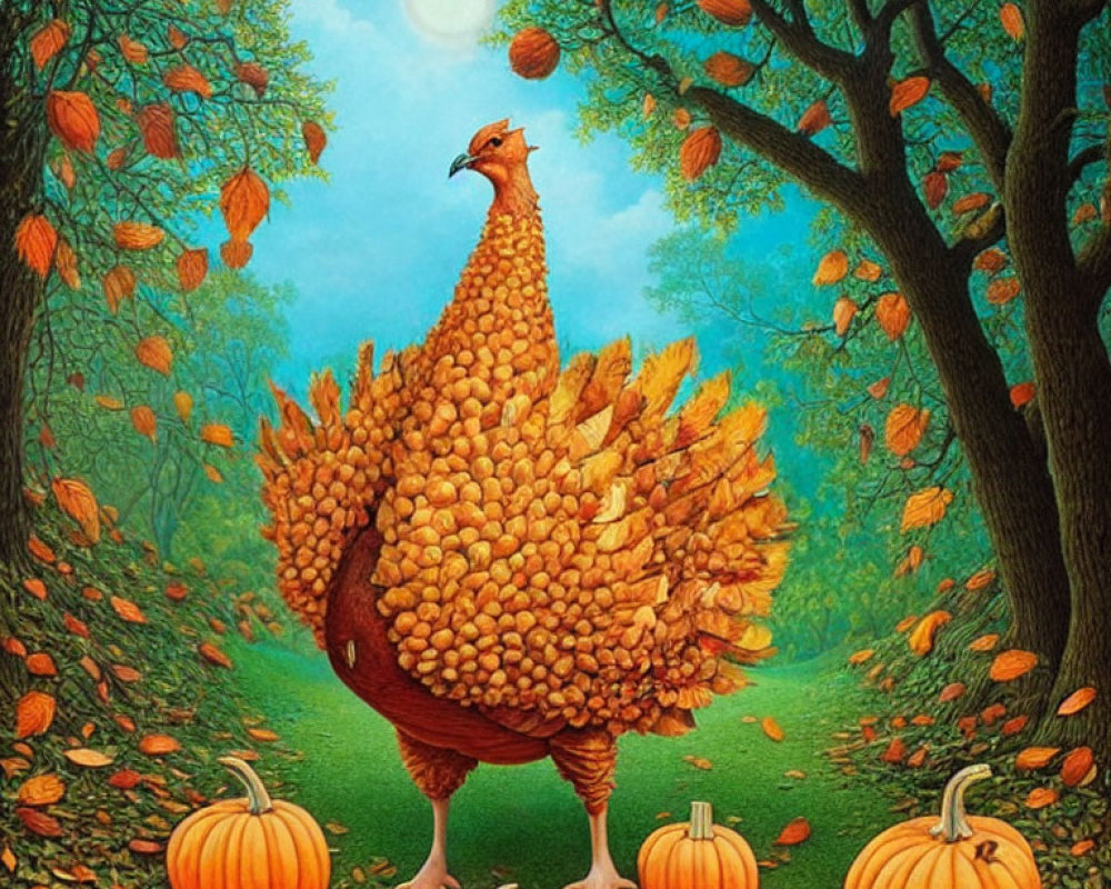 Illustration of large chicken in autumn forest with pumpkins and hazy sun