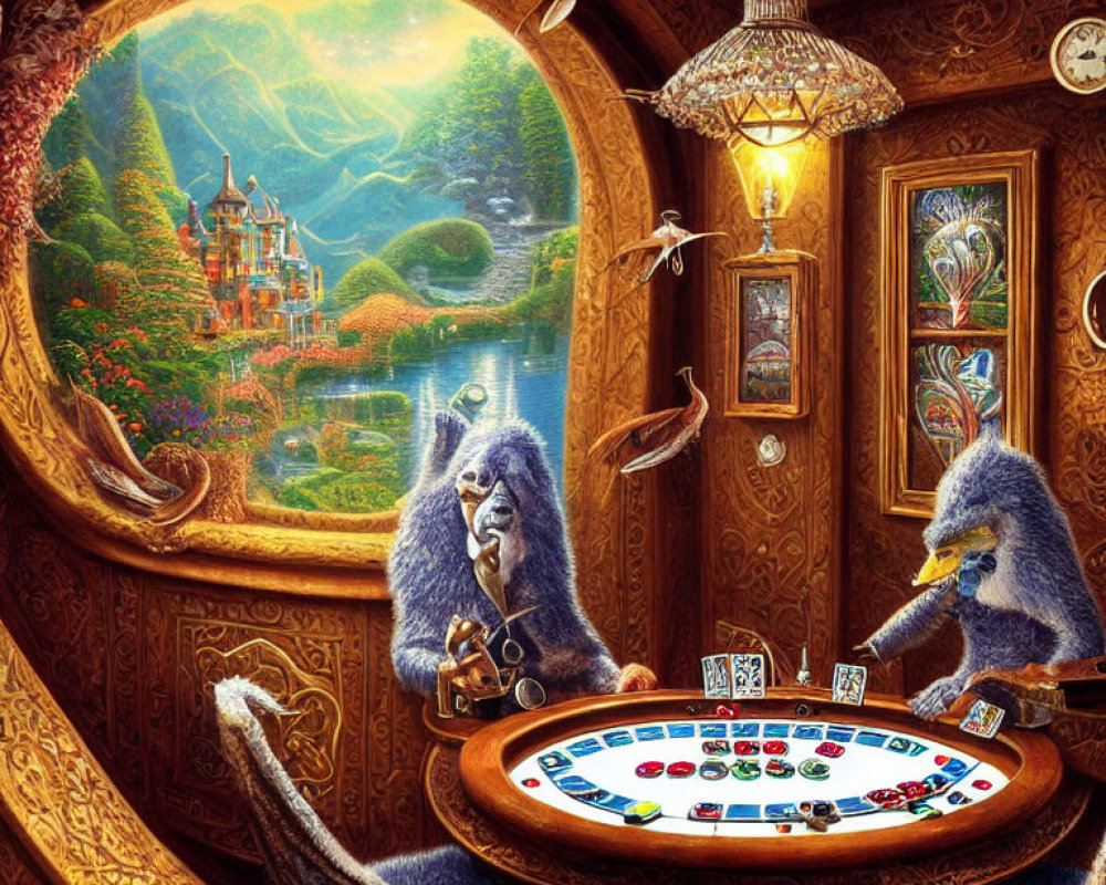 Anthropomorphic gorillas in suits playing board game in ornate room with fantasy castle view.