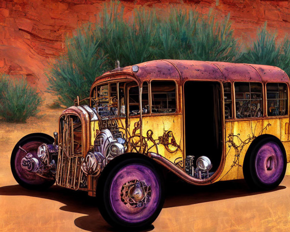 Vintage Rusted Bus Illustration Against Red Rocky Background