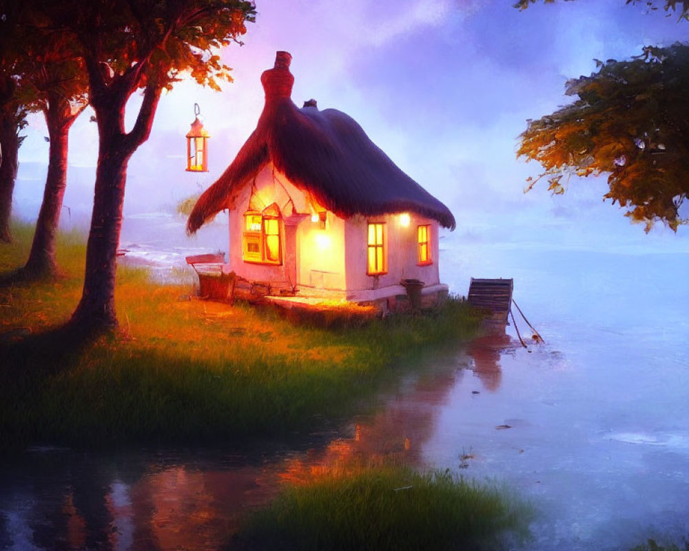 Thatched cottage by serene lakeside at twilight