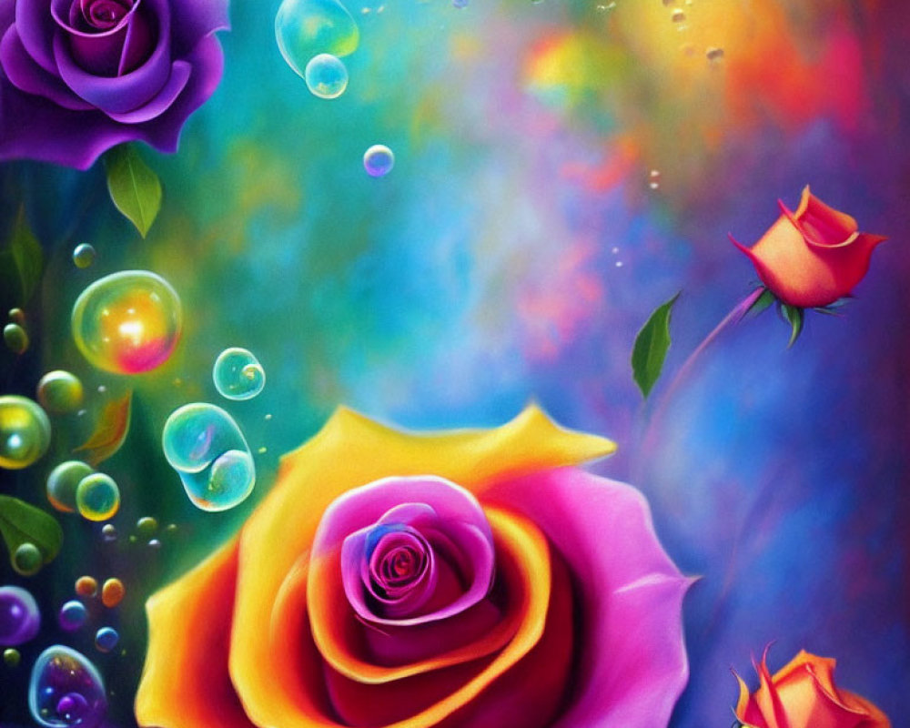 Colorful painting with large purple and orange roses and floating bubbles