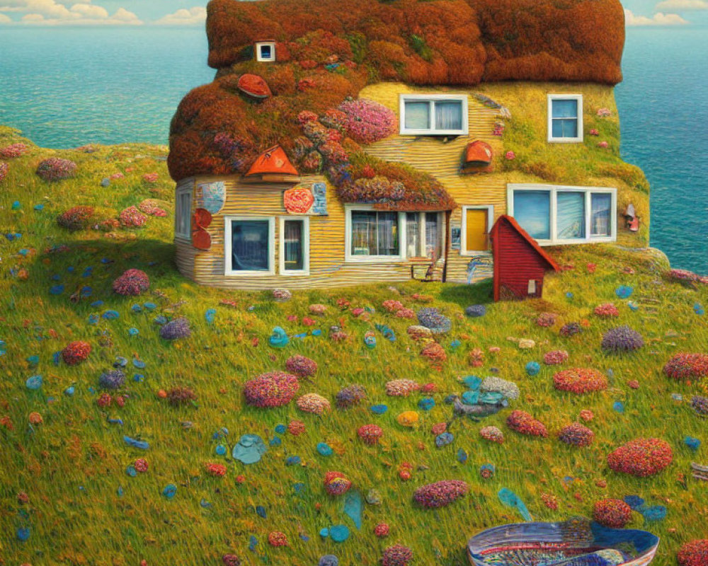 Whimsical house with grassy roof by the sea and colorful flowers