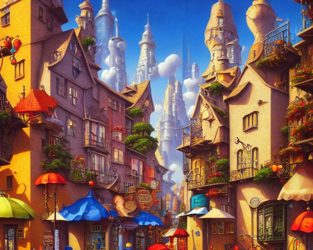 Vibrant streetscape with whimsical buildings and castle backdrop