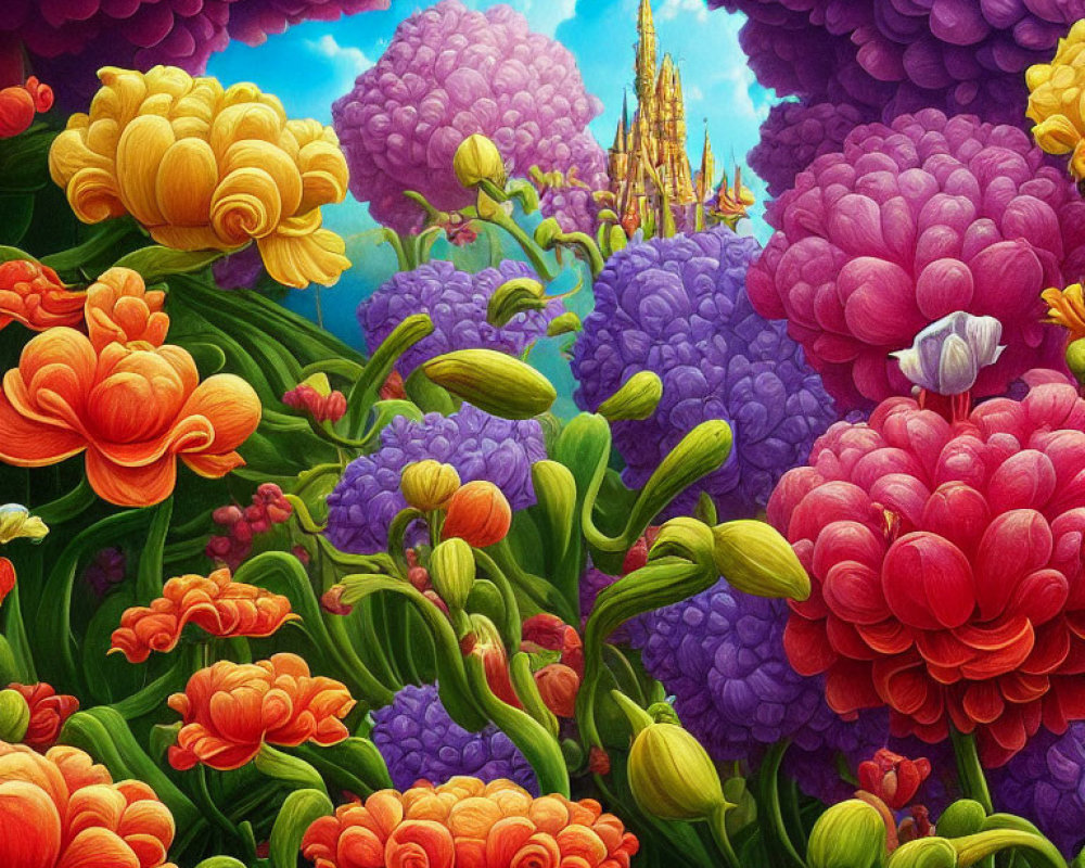 Colorful Painting of Orange, Purple, and Red Flowers with Golden Castle in Fantasy Setting