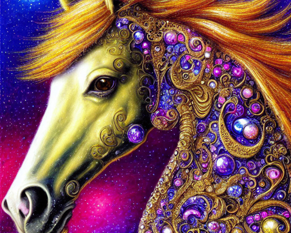 Golden horse with jewel-encrusted mane on cosmic backdrop