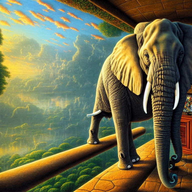 Elephant balancing on narrow brick bridge in surreal forest backdrop