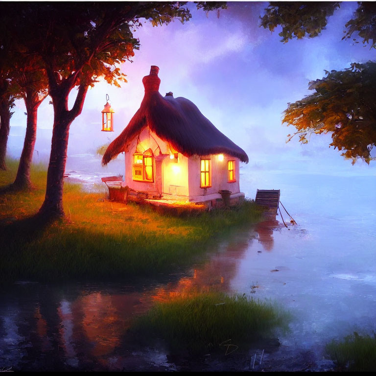 Thatched cottage by serene lakeside at twilight