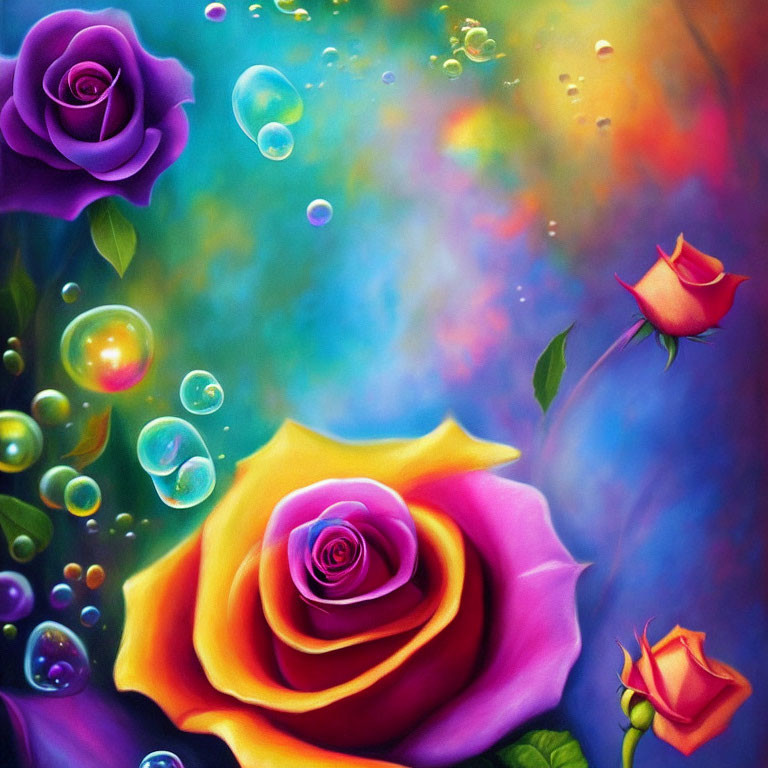 Colorful painting with large purple and orange roses and floating bubbles