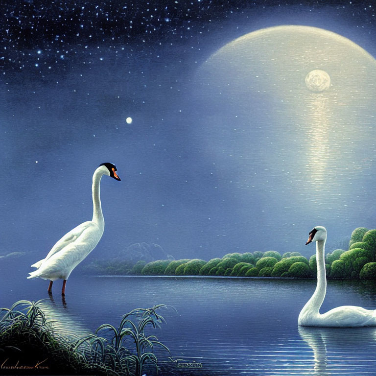 Swans at Night: Full Moon Reflecting on Calm Lake