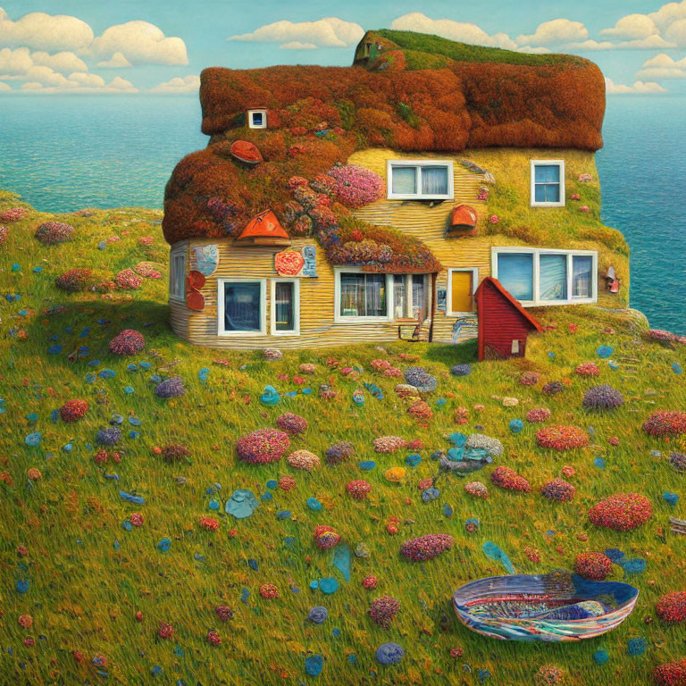 Whimsical house with grassy roof by the sea and colorful flowers