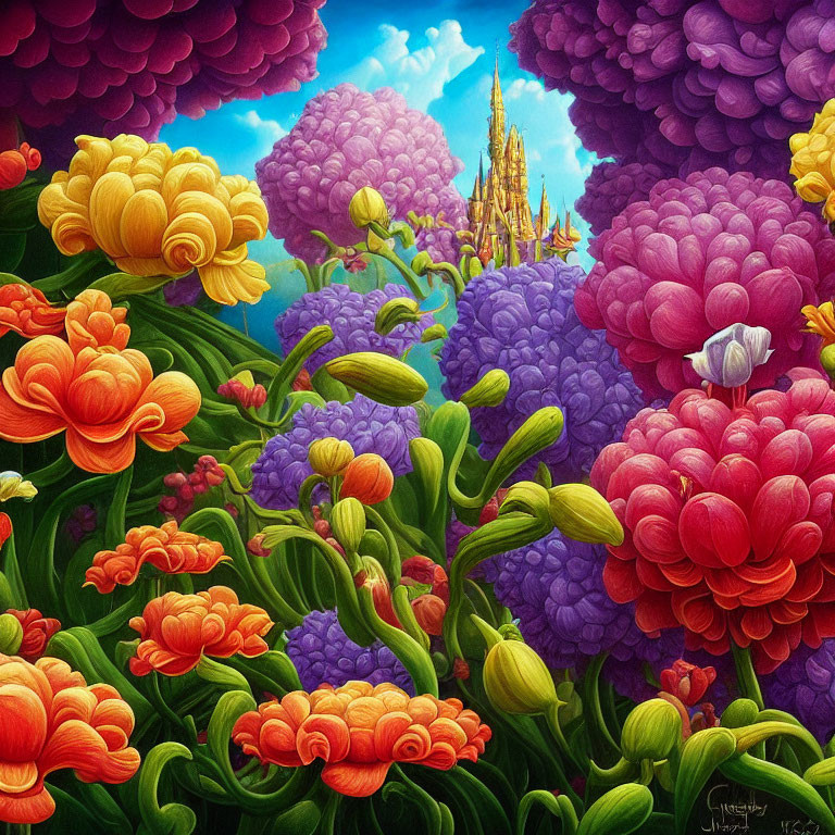 Colorful Painting of Orange, Purple, and Red Flowers with Golden Castle in Fantasy Setting